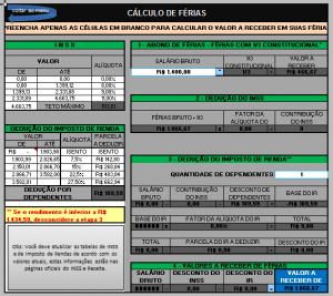 Planilha Excel calculo de férias